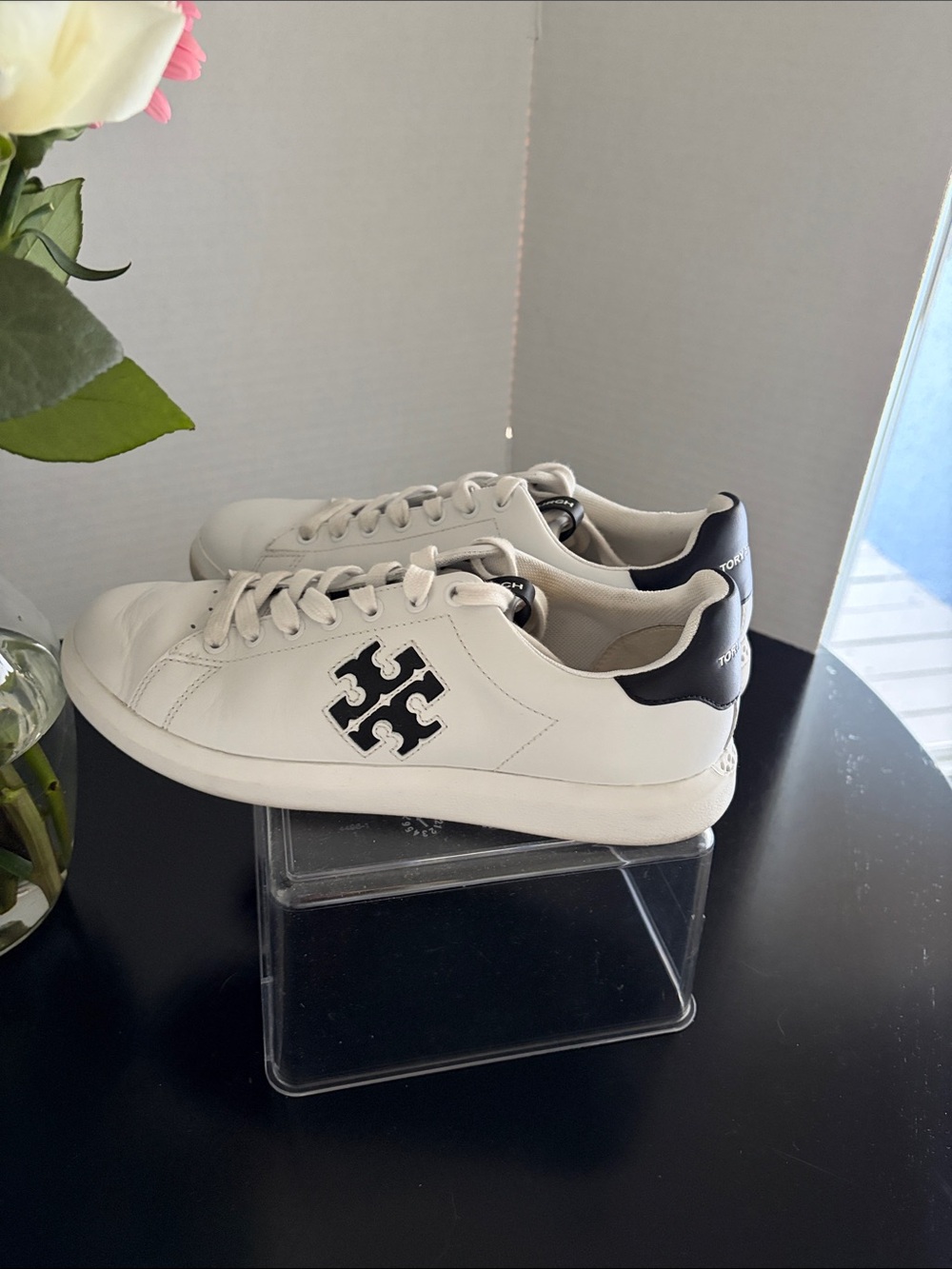 Tory Burch White Leather Sneakers with Black Logo and Heel